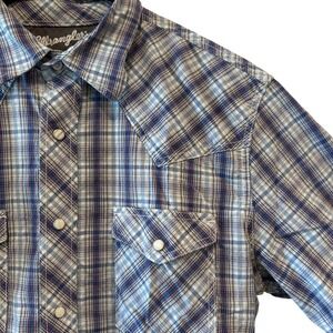 Wrangler 20X Plaid Snap Button Short Sleeve Western Shirt‎ Men's Medium Blue
